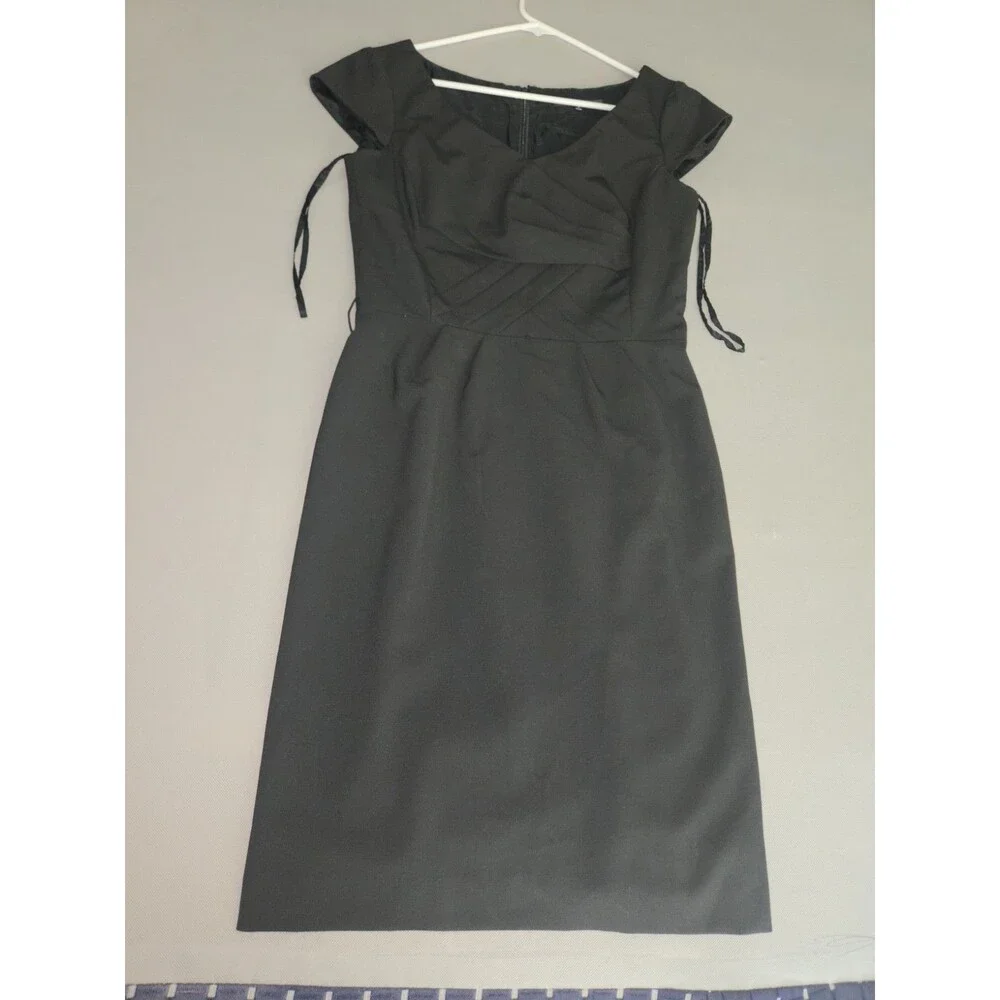 Antonio Melani Black Sheath Dress Size 6 Formal Pleated Cap Sleeve Office Party